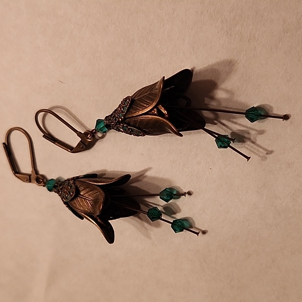 Elegant Teal And Bronze Dangle Earrings